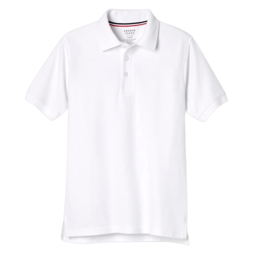 White short-sleeve polo shirt with a collar and two buttons.